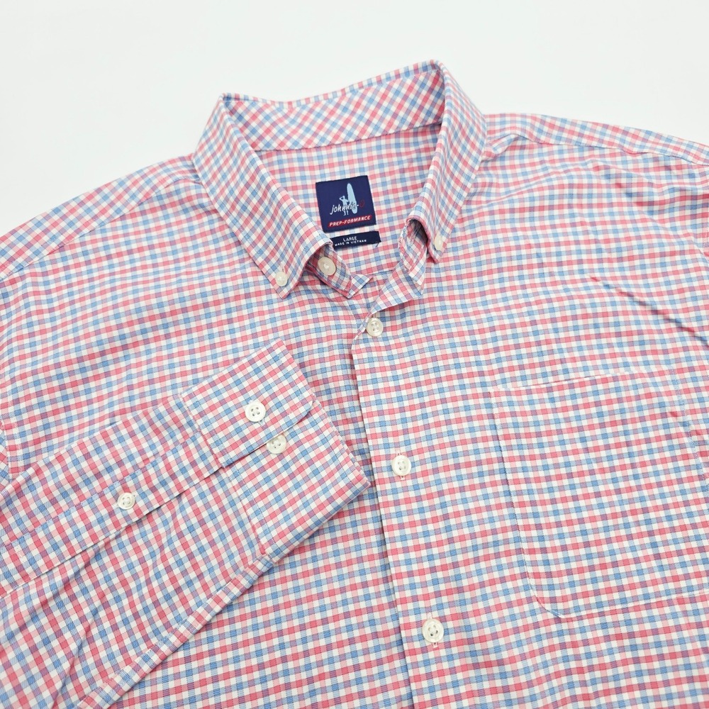Johnnie-O Prep-Formance Mens L George Red Blue Gingham Check Button Down Shirt